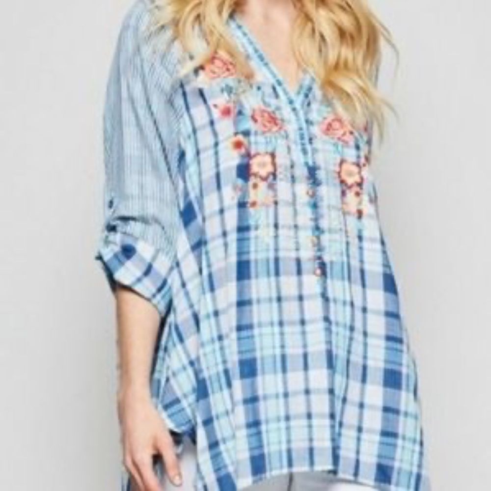 Angel Heart Boutique Boho Stripe/Plaid Embroidered Tunic Top Sz‎ 1X